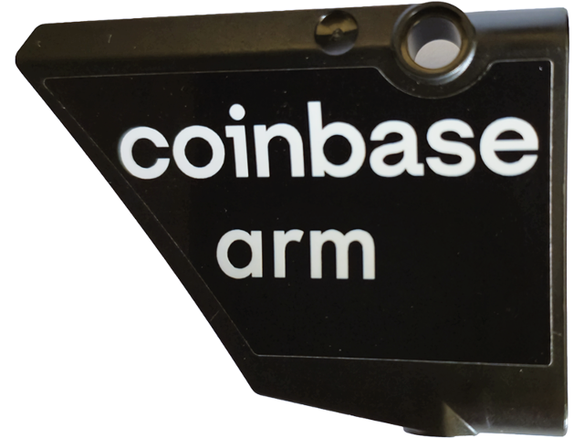 Lego Technic, Panel Inverted Fairing #42 Large Short Smooth, Side A with White 'coinbase' and 'arm' Pattern (Sticker) - Set 42240 / Black