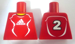 Lego Torso Soccer Uniform Red Shirt with White Adidas Logo, Curved Lines and Number 2 on Back, Yellow Neck Pattern (Stickers) / Red