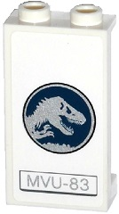 Lego Panel 1 x 2 x 3 with Side Supports - Hollow Studs with Dark Blue and Silver Jurassic World Logo and 'MVU-83' Pattern Model Right Side (Sticker) - Set 75917 / White