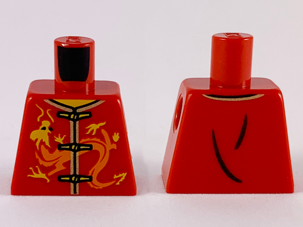 Lego Torso Robe with Orange and Yellow Dragon, Gold Trim and 3 Clasps Pattern / Red