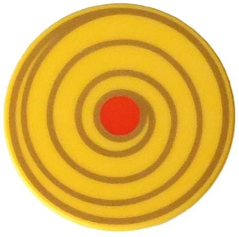 Lego Tile, Round 3 x 3 with Gold Spiral Swirl and Reddish Orange Center Circle Pattern