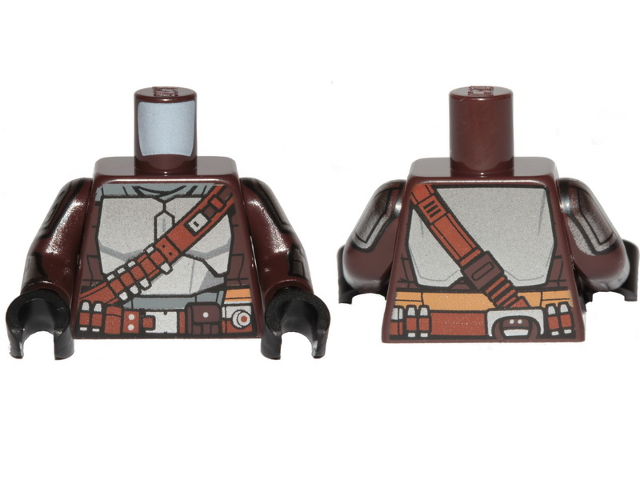 Lego Torso SW Mandalorian Silver Beskar Armor Plates and Reddish Brown Belts Pattern / Dark Brown Arms with Armor and Vambraces with Whistling Bird Launcher and Flamethrower Pattern / Black Hands