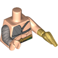 Lego Torso Bare Chest, Silver Pauldron with Dark Bluish Gray Straps, Pearl Gold Belt with Aquaman 'A' Buckle Print, Light Nougat Left Arm, Flat Silver Right Arm with Armor Print, Pearl Gold Left Harpoon, Light Nougat Right Hand
