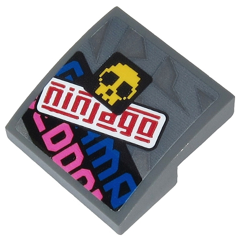 Lego Slope, Curved 2 x 2 x 2/3 with Red 'ninjago', Yellow Skull and Partial Blue and Dark Pink Text Pattern (Sticker) - Set 71710