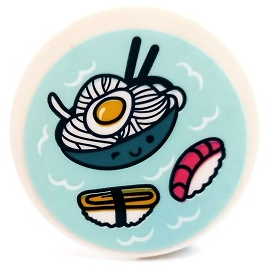 Lego Tile, Round 3 x 3 with Sushi, Ramen Noodles and Chopsticks in Bowl on Light Aqua Background Pattern (Sticker) - Set 41450 / White