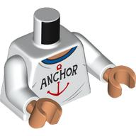 Lego Torso, Shirt, Dark Azure Collar, Black 'ANCHOR', Red Anchor print, White Arms, Nougat Hands / White