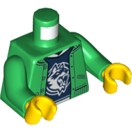 Lego Torso Jacket over Dark Blue Shirt with White Collar and Raccoon Logo Print, Green Arms, Yellow Hands / Green