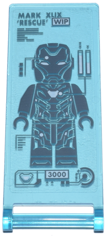 Lego Flag 7 x 3 with Bar Handle with Digital Display Dark Bluish Gray 'MARK XLIX RESCUE', Black 'WIP' and '3000', and Iron Man Suit Design Pattern (Sticker) - Set 76269 / Trans-Light Blue