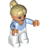 Lego Duplo Figure with Ponytail Tan, with Bright Light Blue Top with Ruffle V-Collar - White Legs