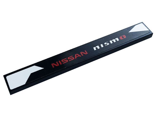 Lego Tile 1 x 8 with 'nismo', Red 'NISSAN', and White Shapes Pattern Model Left Side (Sticker) - Set 76896