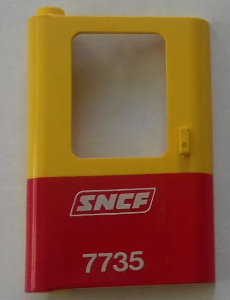 Lego Door 1 x 4 x 5 Train Left, Thin Support at Bottom with Red Bottom Half and White 'SNCF 7735' Pattern (Sticker) - Set 7735