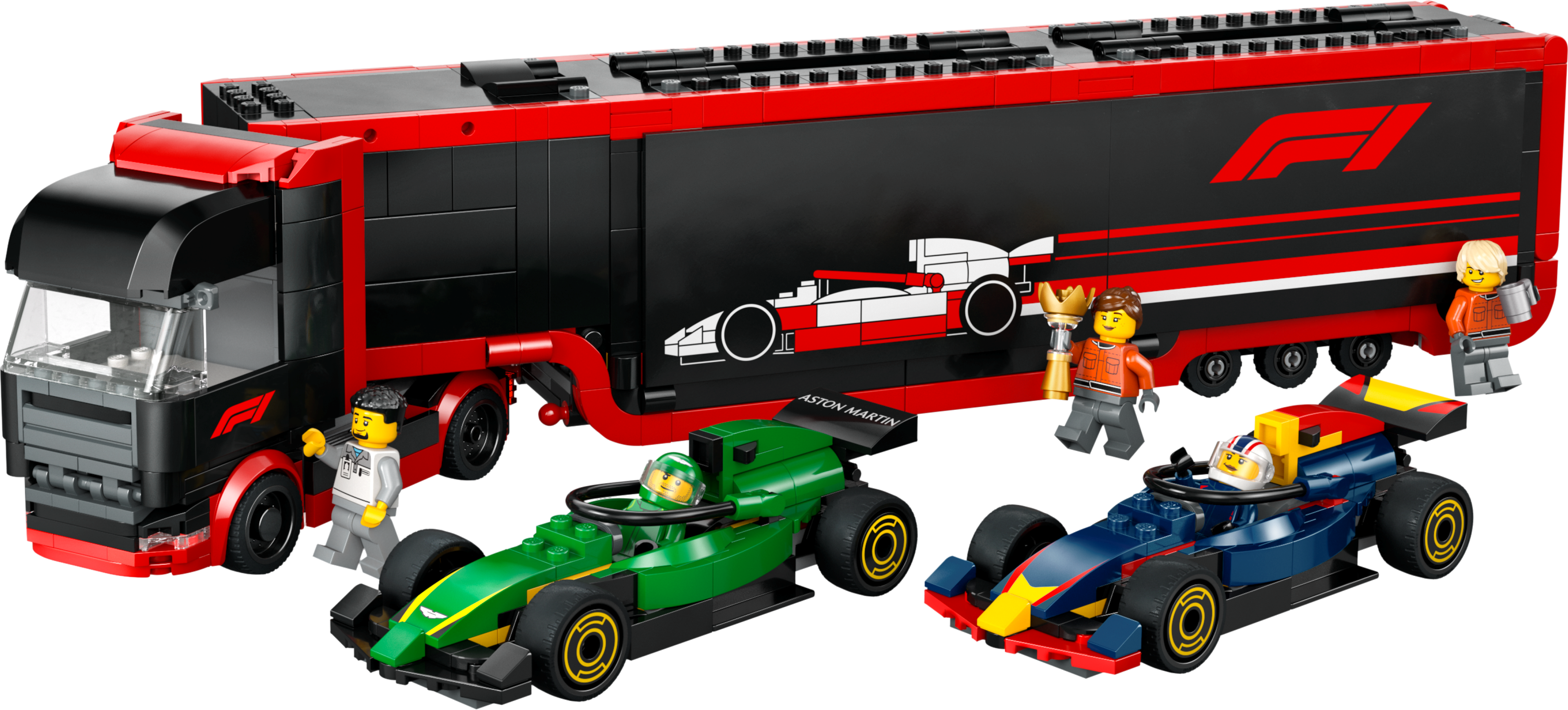 Lego F1 Truck with RB20 & AMR24 F1 Cars