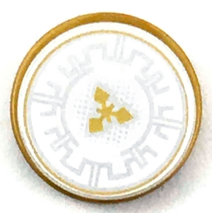 Lego Tile, Round 2 x 2 with Bottom Stud Holder with Silver Crenelations and Gold Throwing Star Pattern