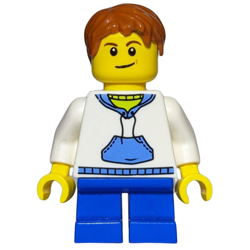 Lego Boy, White and Blue Hoodie, Short Blue Legs, Dark Orange Hair, 3626cpr1579 Hair