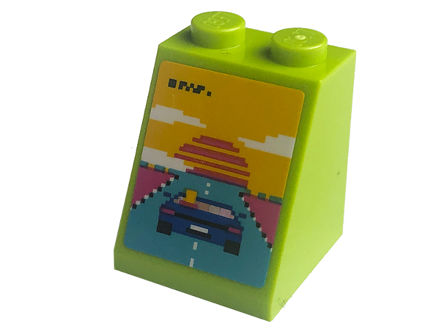 Lego Slope 65 2 x 2 x 2 with Bottom Tube with Pixelated Arcade Game Screen with Blue Car, Medium Azure Road, Dark Pink Sun and Yellow Sky Pattern (Sticker) - Set 41708 / Lime
