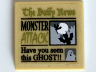 Lego Tile 2 x 2 with Newspaper 'The Daily News', 'MONSTER ATTACK' and 'Have you seen this GHOST!!'  Pattern (Sticker) - Set 10228 / Tan