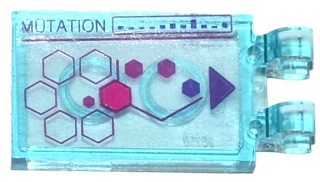 Lego Tile, Modified 2 x 3 with 2 Clips with 'MUTATION' and Purple Hexagons and Triangle Pattern (Sticker) - Set 79119 / Trans-Light Blue
