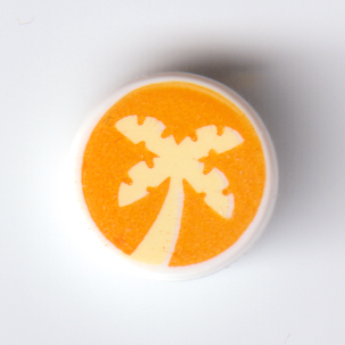 Lego Tile Round 1 x 1 with Bright Light Yellow Palm Tree on Orange Background Print / White