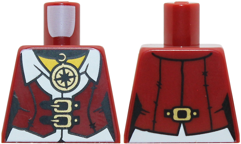 Lego Torso Female Pirate Vest Closed over White Shirt, Gold Buckles and Compass Necklace, Yellow Neck Pattern