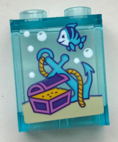 Lego Panel 1 x 2 x 2 with Side Supports - Hollow Studs with Bubbles, Fish, Anchor and Treasure Chest Pattern (Sticker) - Set 41345 / Trans-Light Blue