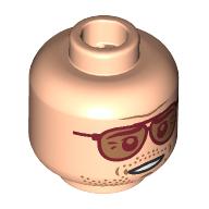 Lego Minifig Head Sonny Hayes, Dark Tan Eyebrows, Stubbles Beard, Frown / Dark Red Glasses, Open Mouth Smile / Light Nougat