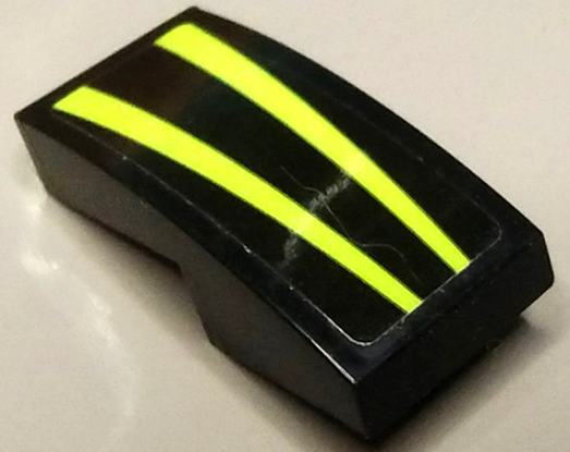 Lego Slope, Curved 2 x 1 x 2/3 with Tapered Yellowish Green Stripes Pattern (Sticker) - Set 41378 / Black