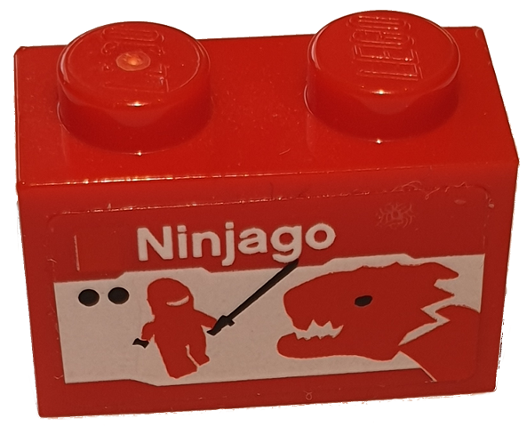 Lego Brick 1 x 2 with LEGO Ninjago Set Box Art, Red Ninja Minifigure Silhouette with Black Sword, Dragon Head Pattern (Sticker) - Sets 40145 / 40305 and Gear 40359