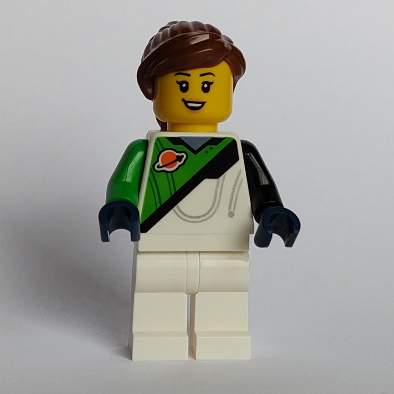 Lego Astronaut, White and Bright Green Spacesuit (Futuron), Reddish Brown Hair