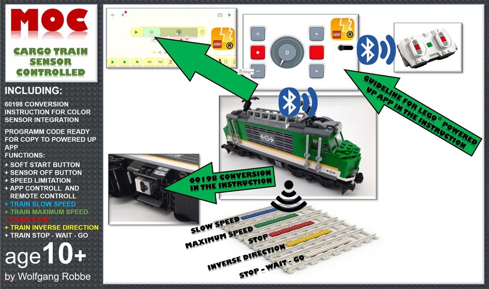 Lego Cargo Train 60198 with Colour Sensor update and Powered Up App control panel 88007