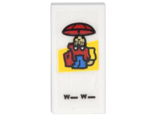 Lego Tile 1 x 2 with Card with Figure Holding Red Umbrella and Black 'W_W_' Pattern (Sticker) - Set 70620 / White