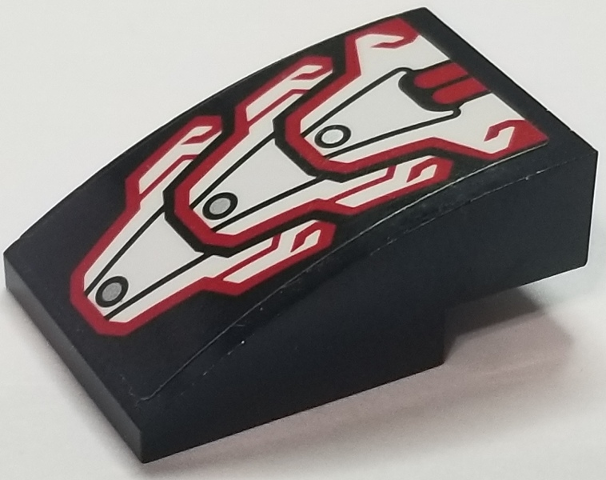Lego Slope, Curved 3 x 2 with Red, White and Silver Metal Scale Plates with Red Tubes Pattern (Sticker) - Set 70642 / Black