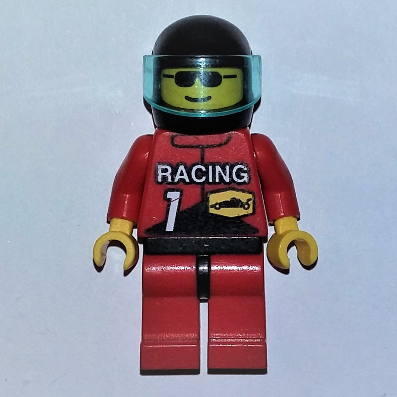 Lego Racer, Red Jacket with 'RACING' and '1', Black Helmet with Visor, Sunglasses
