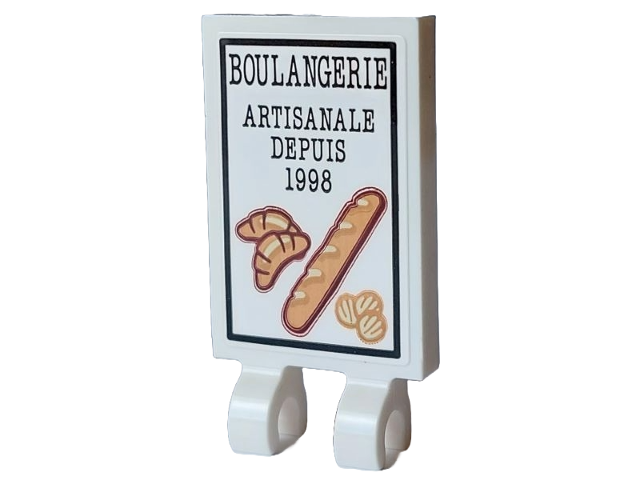 Lego Tile, Modified 2 x 3 with 2 Open O Clips with Black 'BOULANGERIE' and 'ARTISANALE DEPUIS 1998', Medium Nougat, Reddish Brown and Tan Croissants, Baguette and Cookies Pattern (Sticker) - Set 910032 / White