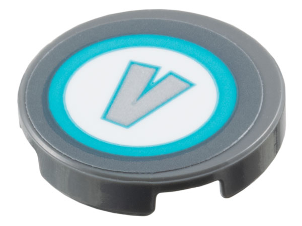 Lego Tile, Round 2 x 2 with Bottom Stud Holder with Silver Capital Letter V in White Circle and Medium Azure Border Pattern (Sticker) - Set 77073