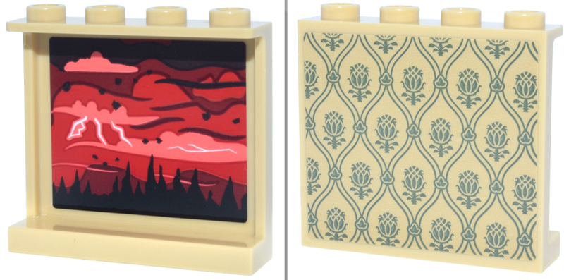 Lego Panel 1 x 4 x 3 with Side Supports - Hollow Studs with Olive Green Wallpaper and Red, Black and Coral Jagged Landscape, Sky and Clouds on Inside Pattern (Stickers) - Set 11370