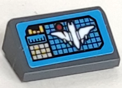 Lego Slope 30 1 x 2 x 2/3 with Dark Azure Screen, Red Dot, Graphs and White Batwing on Black Grid Pattern (Sticker) - Set 70916