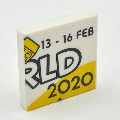 Lego Tile 2 x 2 with '13-16 FEB' and 'RLD 2020' Print / White