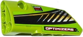 Lego Technic, Panel Fairing # 3 Small Smooth Long, Side A with 'LOOK OUT', 'OPTIMIZERS' and Black and Silver Stripes Pattern (Sticker) - Set 42037 / Lime