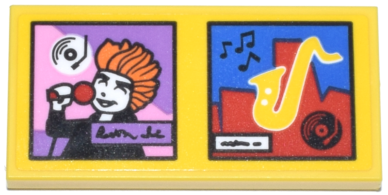 Lego Tile 2 x 4 with Record Albums, Minifigure Singing, Yellow Saxophone, Black Music Notes and Script Pattern (Sticker) - Set 42653
