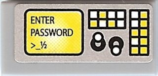 Lego Tile 1 x 2 with Keypad and Yellow Screen with 'ENTER PASSWORD' Pattern (Sticker) - Set 8968 / Light Bluish Gray