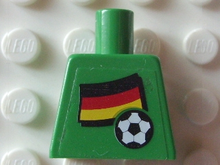 Lego Torso Soccer German Goalie, German Flag Sticker Front, White Number Sticker Back Pattern (specify number in listing) / Green