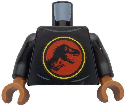 Lego Torso Shirt with Dark Bluish Gray Creases and Red and Yellow Jurassic Park Logo Pattern / Black Arms / Sienna Hands