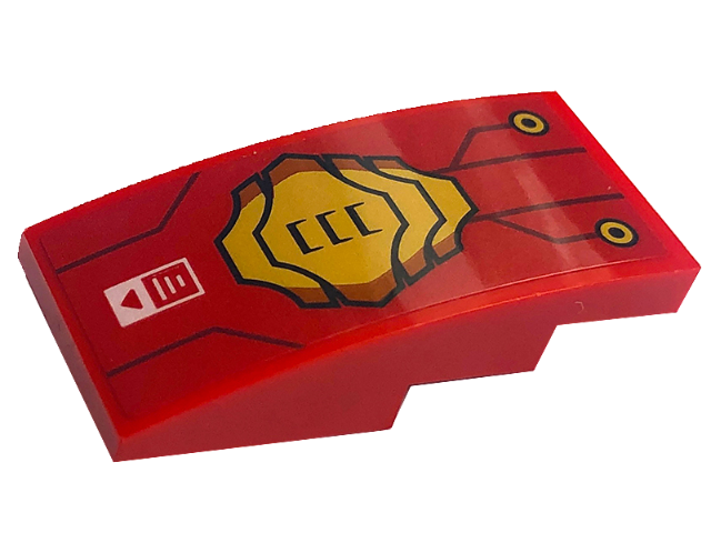 Lego Slope, Curved 4 x 2 with Gold Armor and Circles, Dark Red Lines, and White Rectangle with Red Arrow Pattern (Sticker) - Set 71773