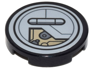 Lego Tile, Round 2 x 2 with Bottom Stud Holder With Partially Opened Hatch and Mechanical Pattern (Sticker) - Set 75140 / Black