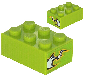 Lego Brick 2 x 3 with Black and White Flame Pattern on Both Ends (Stickers) - Set 8302 / Lime