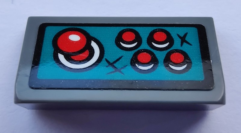 Lego Slope 30 1 x 2 x 2/3 with 4 Red Buttons and Joystick Pattern (Sticker) - Set 80012 / Dark Bluish Gray
