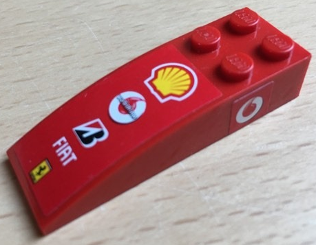 Lego Slope, Curved 6 x 2 with Shell, Vodafone, Bridgestone, Fiat, and Ferrari Logos on Top, Vodafone Logo on Both Sides Pattern (Stickers) - Set 8142-1 / Red