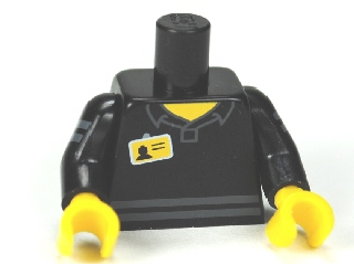 Lego Torso Shirt with Collar and Dark Bluish Gray Stripes, Name Tag, Yellow Neck Pattern / Black Arms with Dark Bluish Gray Stripes Pattern / Yellow Hands