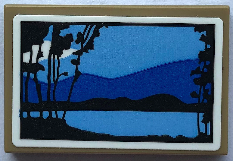 Lego Tile 2 x 3 with Picture of Blue and Medium Blue Hills, Lake and Trees with Black Border Pattern (Sticker) - Set 21336
