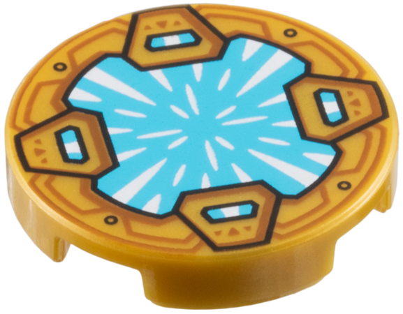 Lego Tile, Round 2 x 2 with Bottom Stud Holder with Medium Azure Crystal with White Radiating Reflections, Clasps with Dark Orange Shapes Pattern